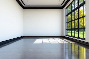 Fototapeta premium Modern interior space with a polished floor and large windows showcasing a bright outdoor view, allowing natural light to illuminate the room beautifully.