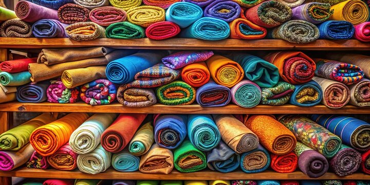 Vibrant rolls of colorful fabric stacked haphazardly on a wooden shelf, with folded textiles and threads spilling out, creating a kaleidoscope of textures and hues.