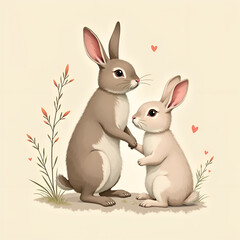 Charming illustration of two rabbits holding hands surrounded by hearts and gentle foliage