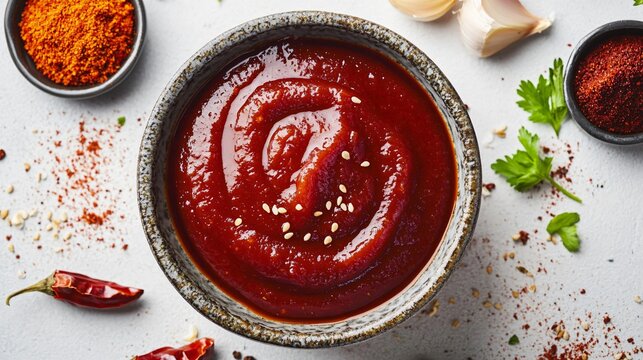A tangy Korean gochujang sauce in a traditional bowl surrounded by chili paste, garlic, and sesame oil