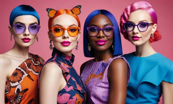 Four fashionable models stand side by side, each flaunting unique hairstyles and bold eyewear. Their vibrant outfits burst with color and creativity, set against a playful pink backdrop