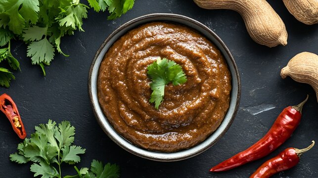 A tangy tamarind chutney in a bowl surrounded by fresh tamarind pods, cilantro, and chili peppers on a deep black background