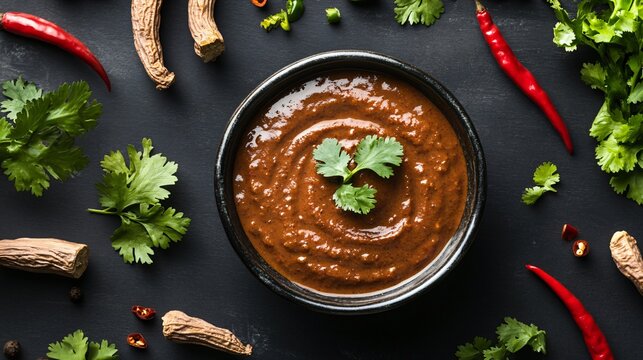 A tangy tamarind chutney in a bowl surrounded by fresh tamarind pods, cilantro, and chili peppers on a deep black background