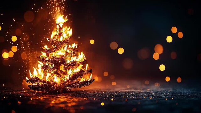 Burning Christmas Tree Seamless Looping Background with Bokeh