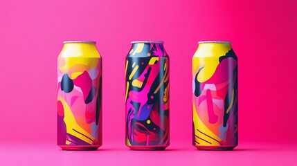 Obraz premium Three cans of soda with colorful designs on them