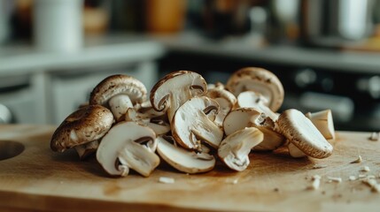 Sliced mushrooms ready for cooking on a cutting board