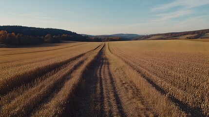 
A scenic rural landscape with a trail through a golden field stretching towards the horizon framed by golden cornfields