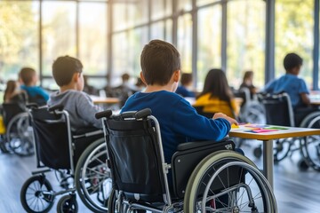 Group of children in wheelchairs working on classroom activities