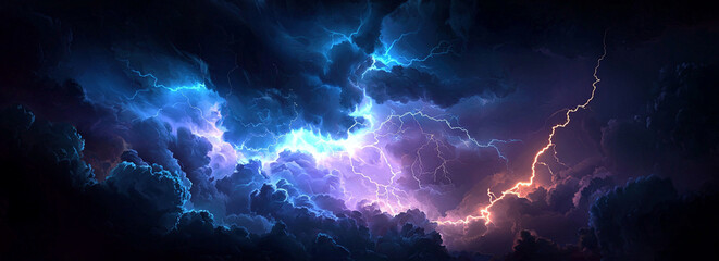 A high resolution image of a powerful thunderstorm, with intense lightning lighting up the night sky.