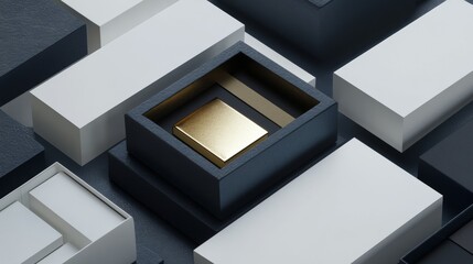 A collection of boxes with one of them containing a gold object