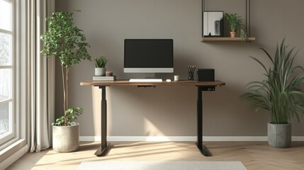 A computer desk with a monitor and keyboard on it