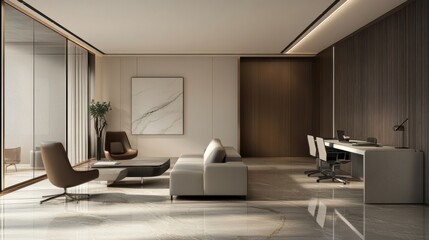 A modern living room with a white couch, a coffee table, and a few chairs