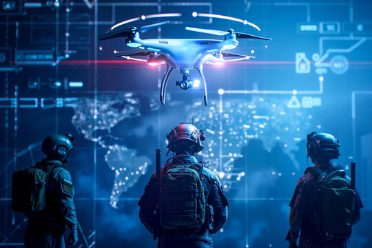 A group of people standing in front of a futuristic city with a drone flying above them