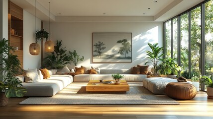 Cozy, modern living room with plants and natural light.
