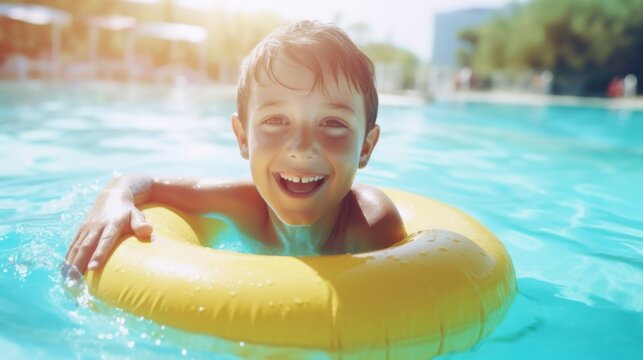 A joyful boy enjoying himself in a swimming pool with a yellow inflatable ring on a sunny day.
