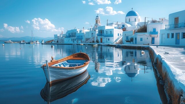 Romantic Honeymoon Scene in Paros, Greece &ndash; Scenic View of Whitewashed Buildings, Blue-Domed Churches, and Fishing Boats in Aegean Harbor, Perfect for Summer Vacation and Greek Island Charm