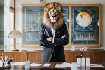 A lion in a tailored business suit standing confidently at the head of a corporate boardroom