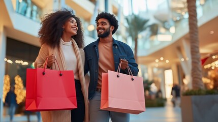 Happy young African American couple enjoying discounts and sales during Black Friday, Christmas, and Cyber Monday shopping season, celebrating retail excitement together