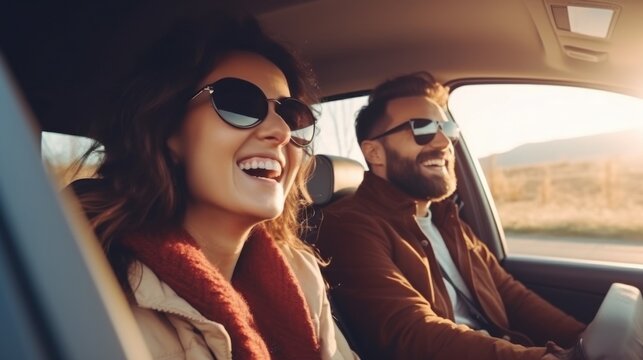 Cheerful couple enjoys a drive, highlighting the joy and convenience of car renting or leasing for travel and adventures.