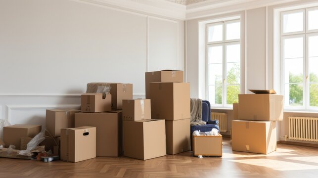 A room filled with scattered cardboard boxes amidst the chaos of moving day, capturing the transition into a new home.