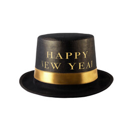 Black with gold Happy New Year party hat isolated cutout on transparent