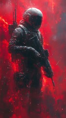 Fototapeta premium Futuristic astronaut soldier in red smoke with assault rifle. Sci fi military wallpaper art