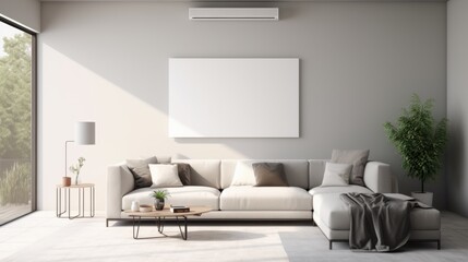 A modern living room featuring a sleek wall-mounted air conditioner above a comfortable sectional sofa, framed by large windows that let in ample natural light.