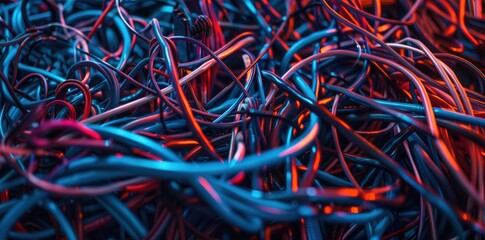 tangled pile of different types and colors of cables