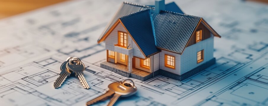 3D rendering of house model with keys on architectural blueprint symbolizing home ownership and real estate investment