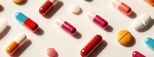 3D rendering of assorted colorful pills and tablets isolated on a surface showcasing pharmaceutical diversity and health care concept