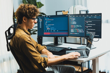 Working IT developer with stressful overworked in creating online software development coding on pc...