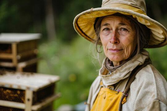 A woman wearing a hat and apron standing in front of a beehive