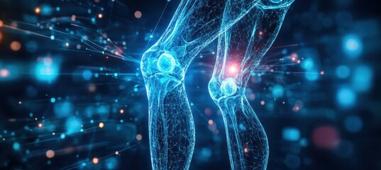 Digital representation of knee joints with glowing pain points on a blue technology background