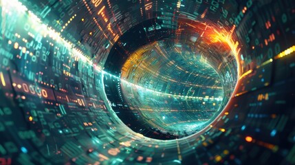 Digital Cornucopia with Flowing Binary Code and Glowing Data Streams in a Futuristic High-Tech Setting