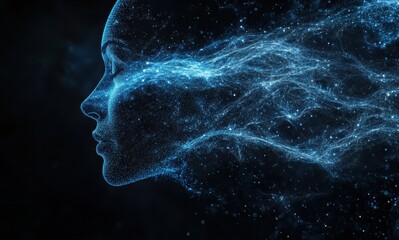 Digital artwork of a woman emitting a blue sound wave from her mouth against a dark background, symbolizing communication and technology.