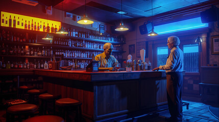 A man standing at a bar with a bartender behind the bar
