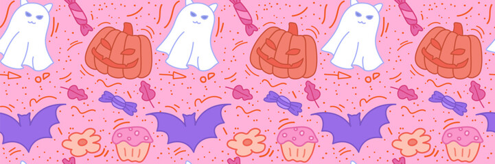 Cute Halloween seamless pattern. Cat ghost, pumpkin, bat, candy. Stock vector illustration in cartoon style