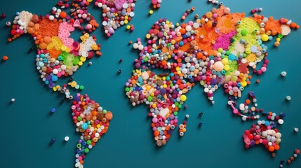Fototapeta premium A close-up of a world map adorned with vibrant, playful pins and yarn, creatively representing different regions and landmarks.