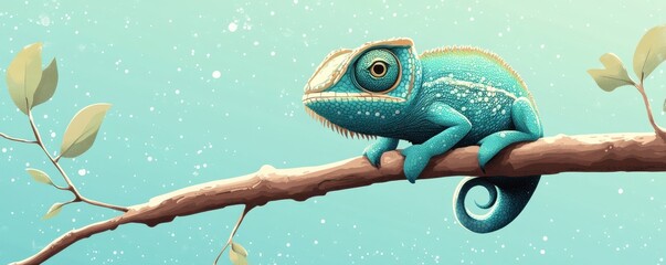 Fototapeta premium Colorful chameleon perched on tree branch surrounded by lush green leaves in a serene natural setting