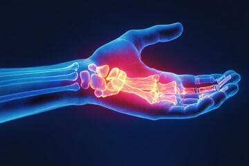 A close-up illustration of a hand with glowing bones and joints, showcasing the intricacies of human anatomy and medical imagery