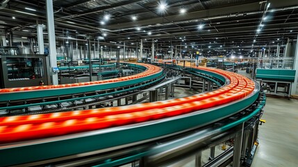 Obraz premium Conveyor system in a modern warehouse showcasing efficient logistics operations during nighttime