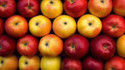 Lots of red-yellow ripe and fresh apples close-up, top view. Natural background. Food ecology and agriculture. Illustration for banner, poster, cover, brochure or present