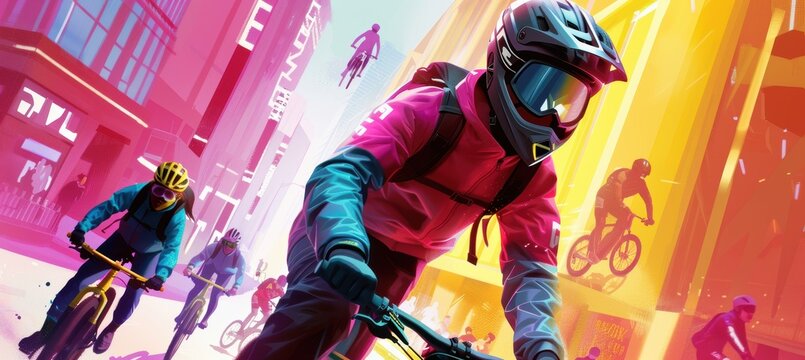 Flash Sale Sports Gear Cyber Monday Banner with Dynamic Bicyclists and Vibrant Background