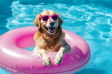 happy dog relaxing in pool with sunglasses