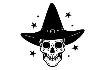 Halloween concept. Scary human skull in witch halloween costume.