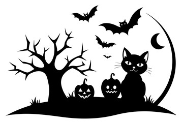 halloween cats with pumpkins and bats vector illustration, 
