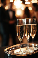 Close-up of sparkling wine glasses served at an event