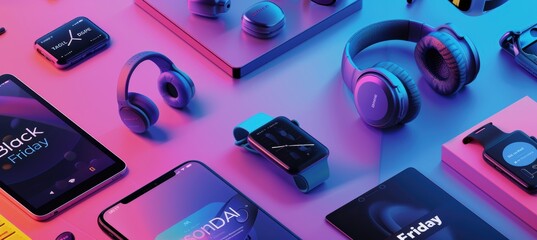 Dynamic Black Friday Advertisement with Gadgets, Headphones, Smartwatches, and Tablets