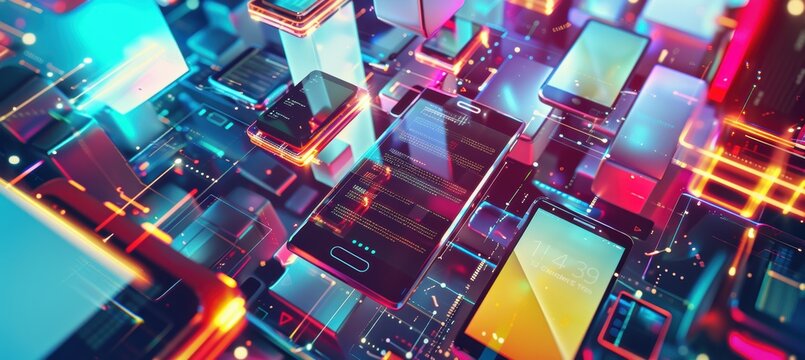 Futuristic Cyber Monday Sale Email Header with Smartphones, Tablets, and Accessories for Tech Promotions