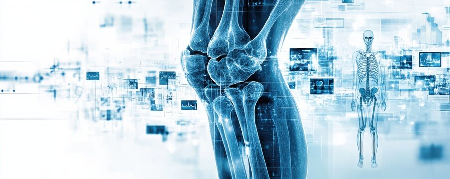 Futuristic digital art collage featuring x-ray images of human legs with abstract technology interface